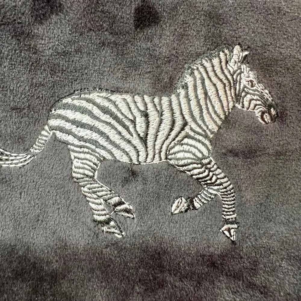 TRVL Design Black Velvet Zebra Embroidered Cosmetic Bag Bamboo Zipper Pull Pouch